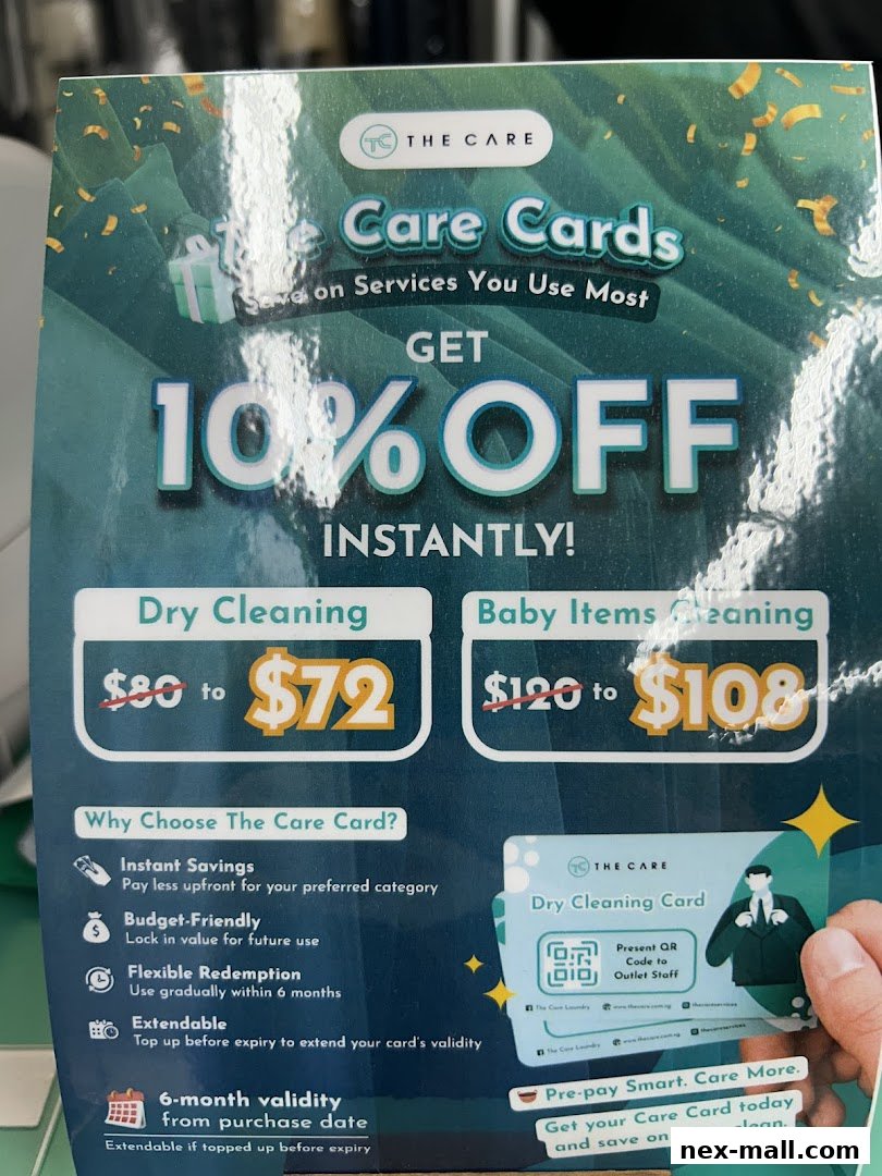 A promotional flyer for 'The Care Cards' offering 10% off laundry services.