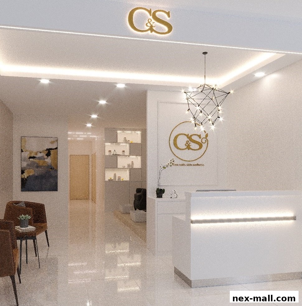 The reception area of CS Beauty, featuring a modern white reception desk and elegant decor.