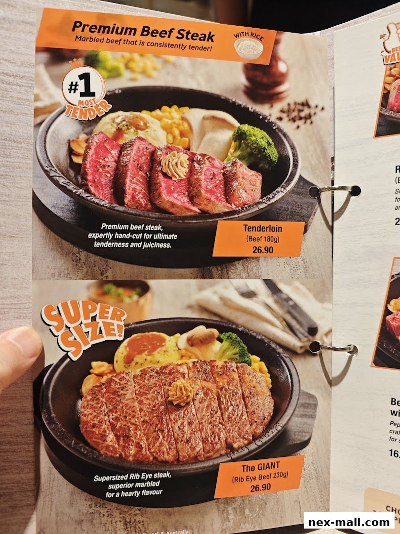 A menu showcasing two premium beef steak dishes with descriptions and prices.