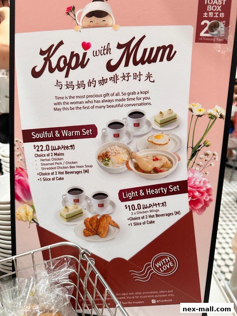 A menu featuring 'Kopi with Mum' sets, including food and beverages.