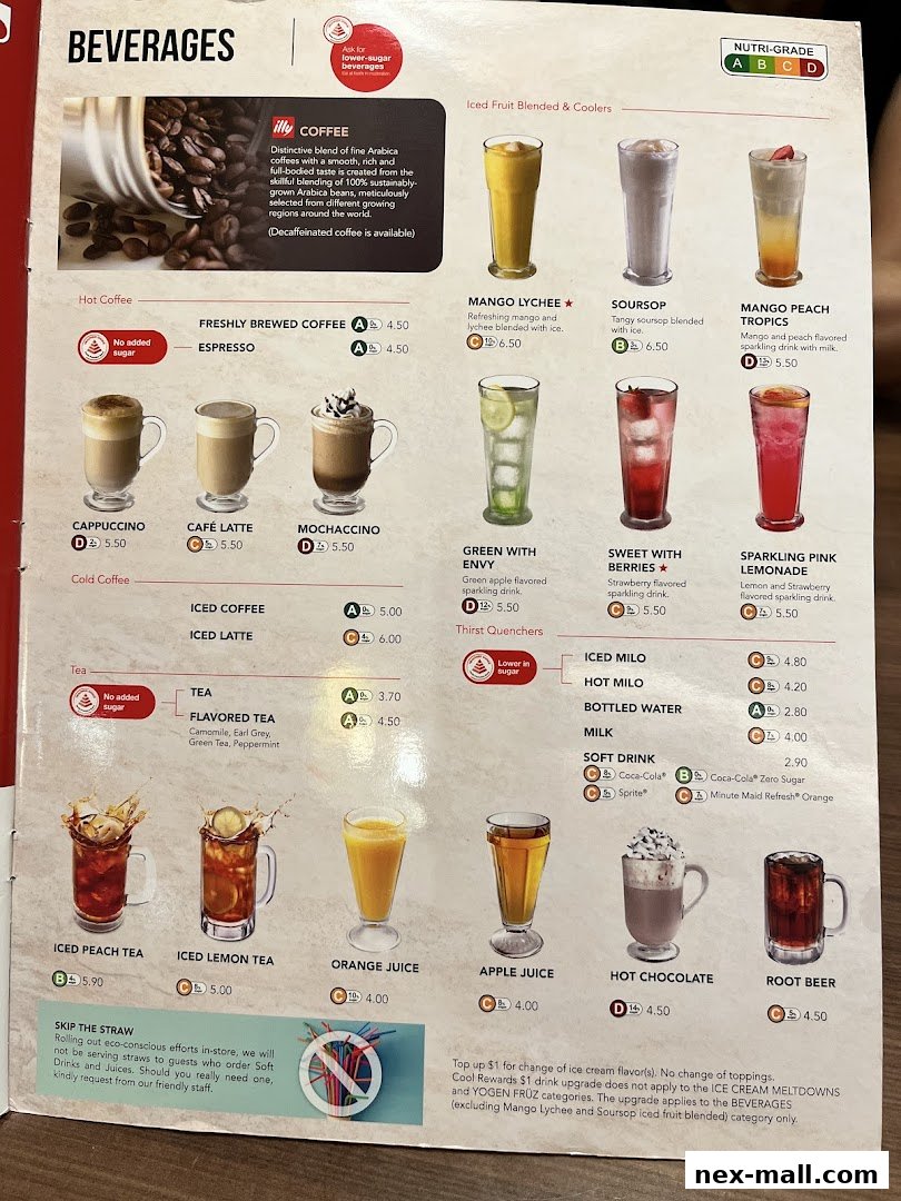 A menu page displaying various beverages including coffee, tea, juices, and soft drinks.