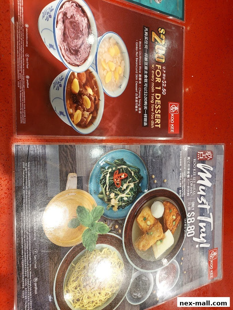 A menu from Koo Kee showcasing dessert and set meal promotions with food images.