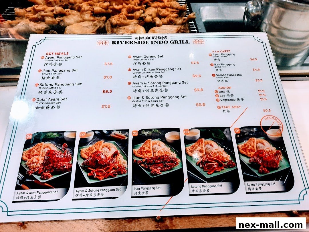 A menu for Riverside Indo Grill featuring set meals and a la carte options with food images.