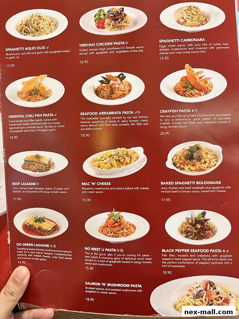 A menu showcasing various pasta dishes with enticing descriptions and prices.