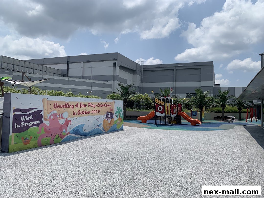 A playground area with a 'Work in Progress' banner announcing a new play experience in October 2023.