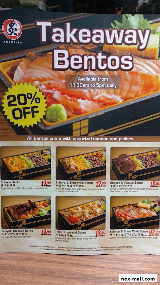 A menu showcasing various takeaway bento boxes from Aburi-EN with prices and descriptions.