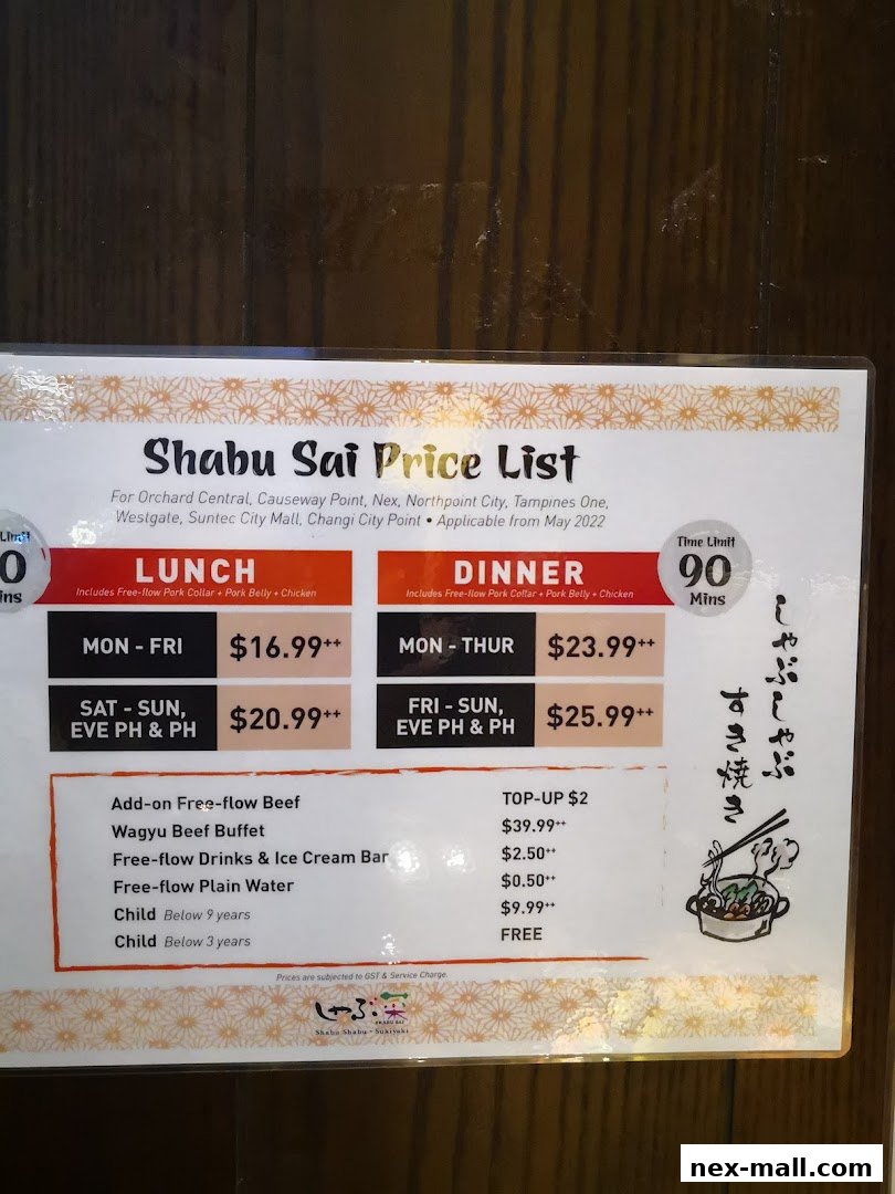 Shabu Sai price list detailing lunch and dinner options, add-ons, and child prices.