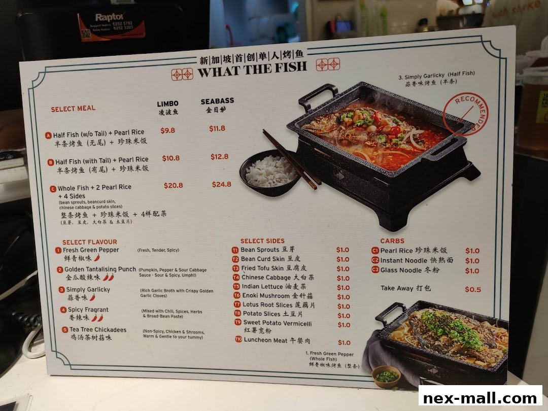 A menu for 'What The Fish' restaurant, featuring grilled fish dishes, flavors, sides, and carbs.
