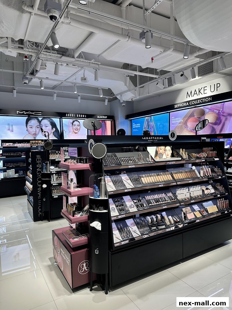 Interior view of a Sephora makeup store showcasing various beauty brands and products.