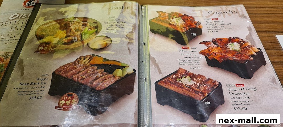 A menu from Aburi-EN Nex showcasing various Japanese rice bowls and combo dishes.