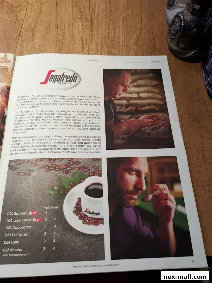 A magazine spread featuring Segafredo Zanetti coffee, including product descriptions and images.