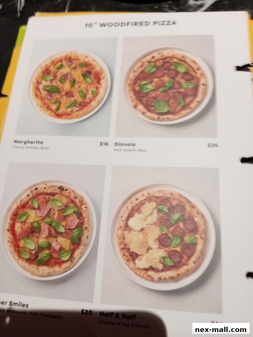 A menu page showcasing four different 10" woodfired pizzas with descriptions and prices.