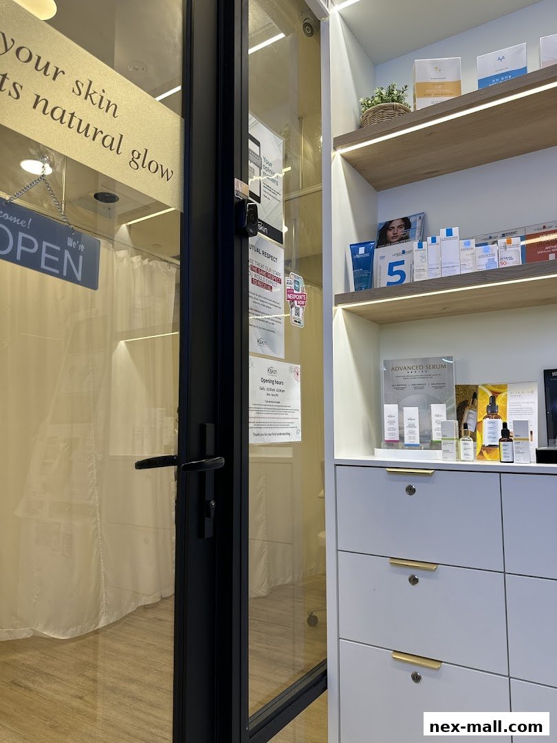 The entrance to Kskin Korean Express Facial with products displayed on shelves.