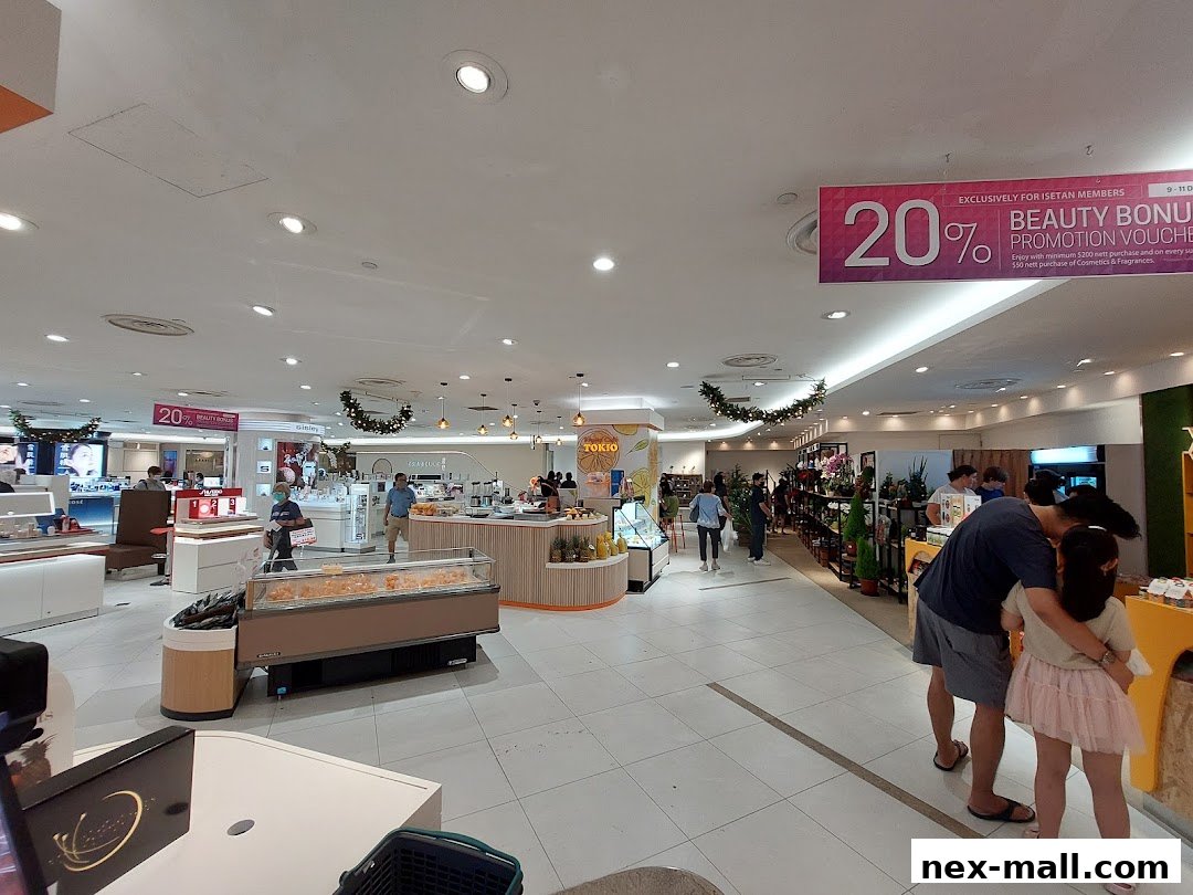 Interior view of a department store with various displays and shoppers.