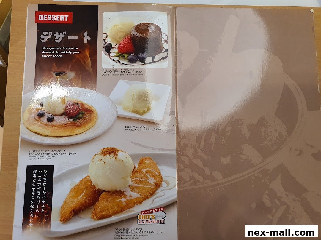 A menu page showcasing various desserts including lava cake, pancakes, and fried bananas with ice cream.