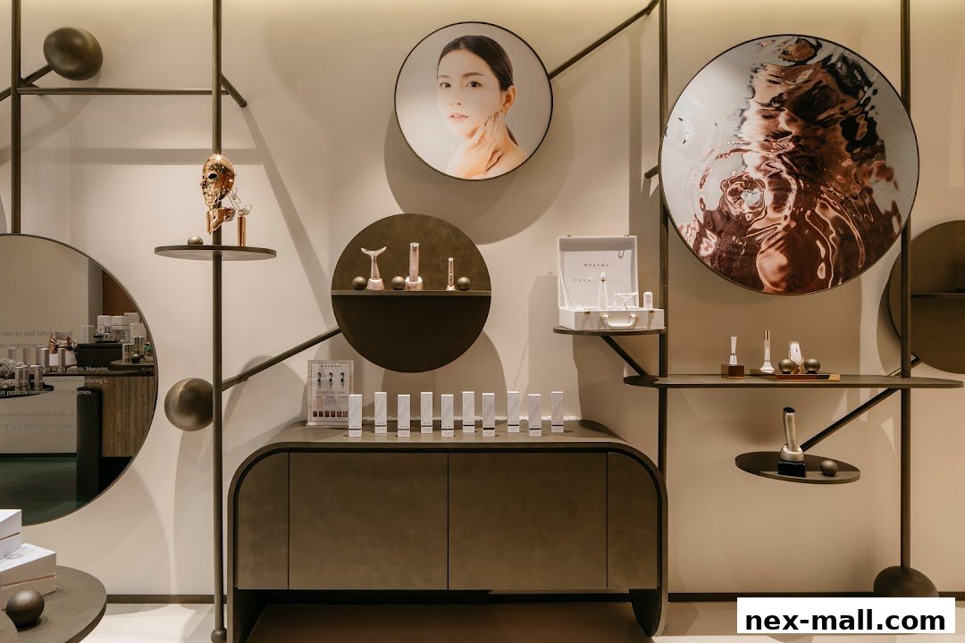 Anake shop interior showcasing skincare devices and products on stylish shelves and a cabinet.