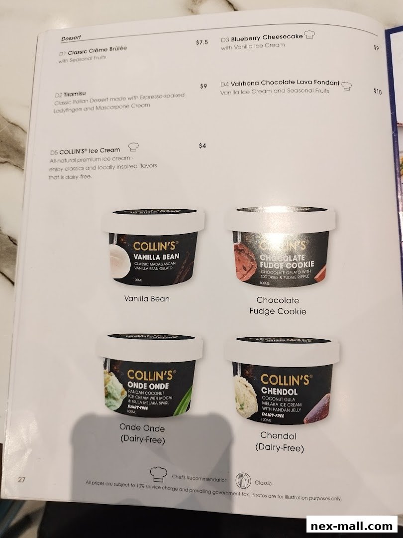 A menu page from COLLINS NEX featuring desserts and ice cream flavors.