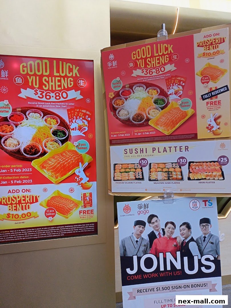 Promotional posters for Sushi Express featuring Yu Sheng, sushi platters, and a recruitment drive.