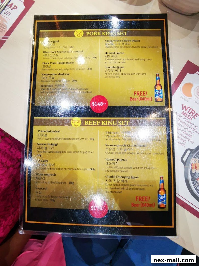 A menu featuring Korean BBQ sets with pork and beef options, including free beer promotions.