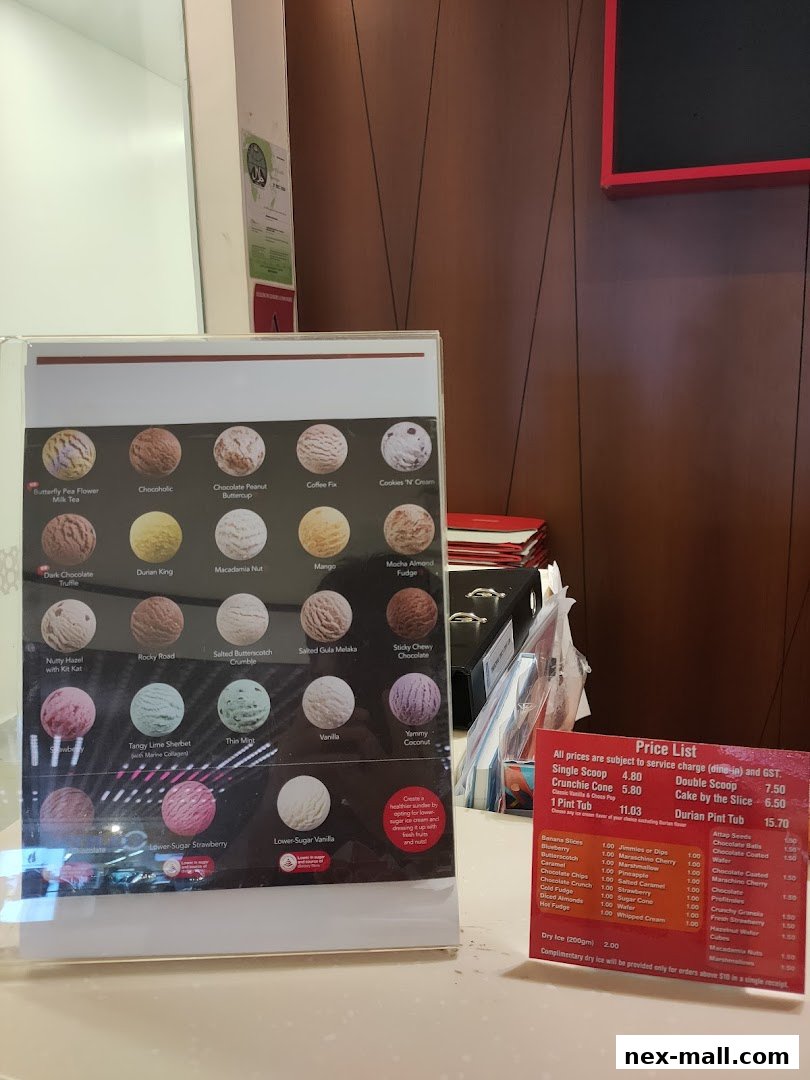 A display of various ice cream flavors with a price list on the right.