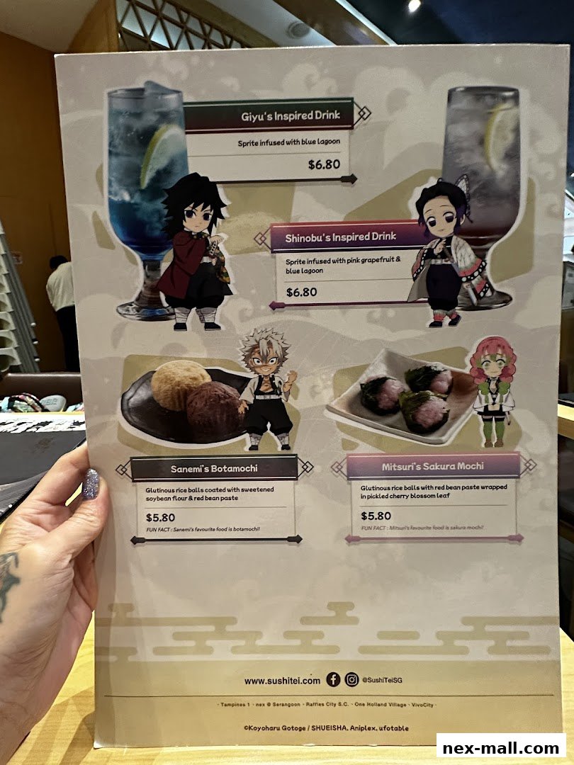 A menu from Sushi Tei featuring character-inspired drinks and desserts.