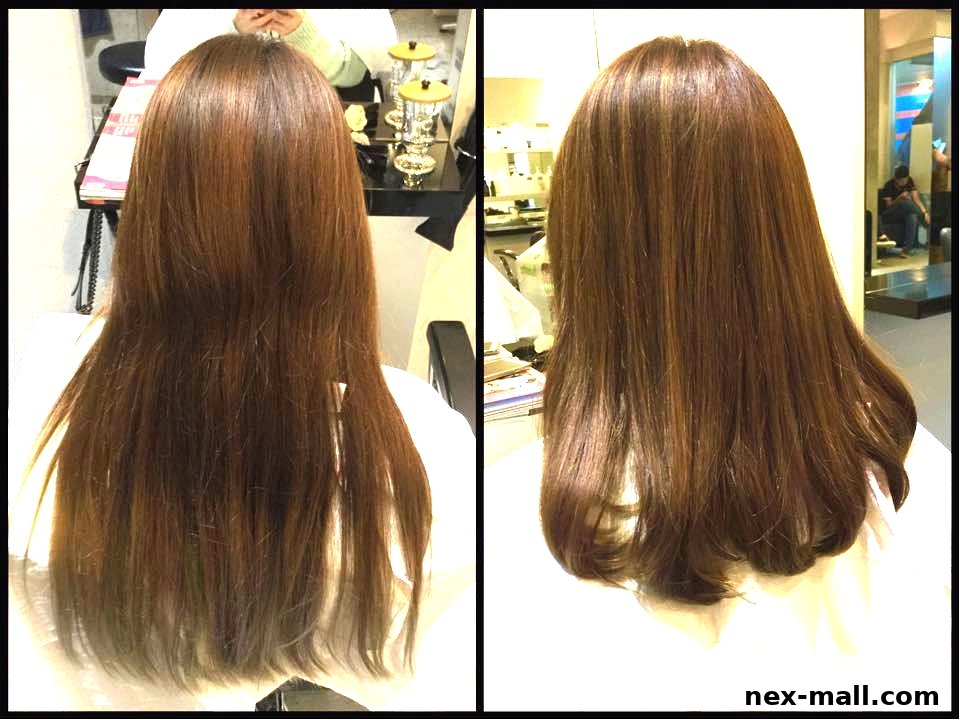 Split image showing a woman's long brown hair before and after a hair treatment.