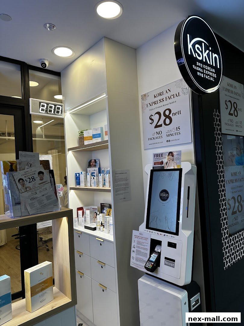 The interior of a Kskin Korean Express Facial shop with product displays and a self-service kiosk.