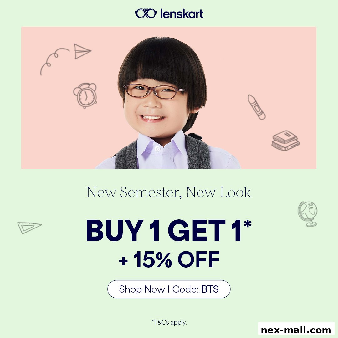 A child wearing glasses smiles, promoting a Lenskart offer for the new semester.