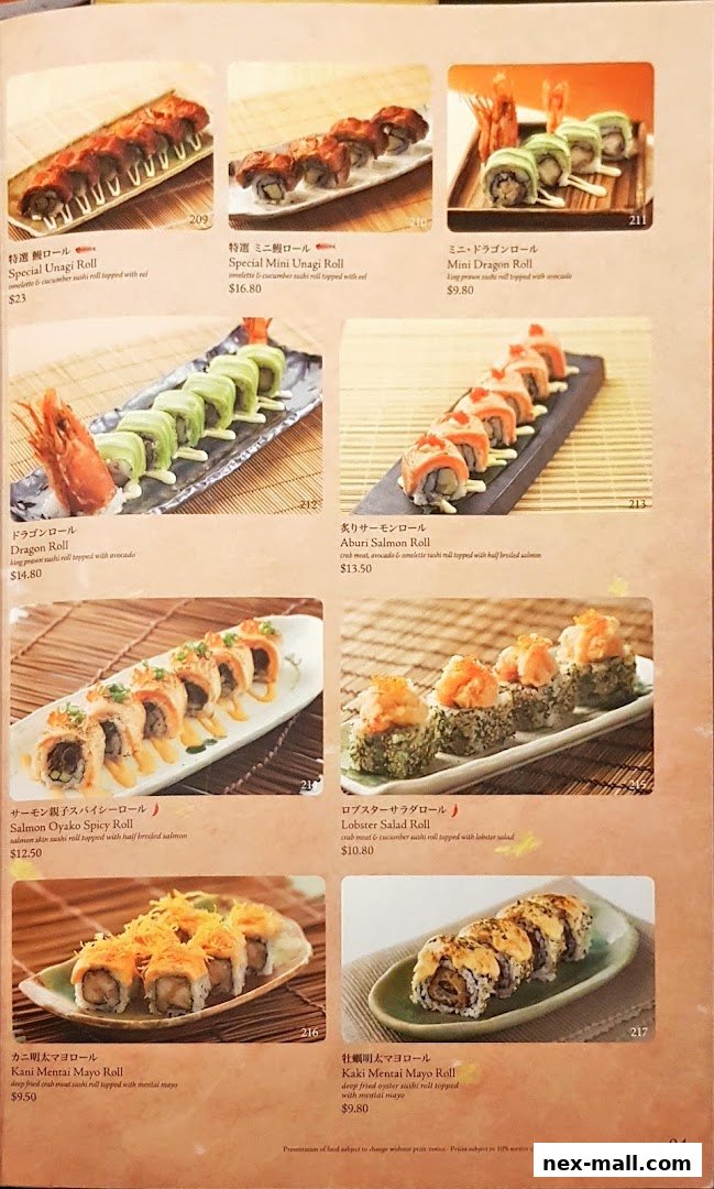 A menu page showcasing various sushi rolls with appetizing images and descriptions.