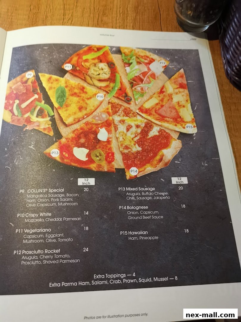 A menu featuring various pizzas with detailed descriptions and prices.