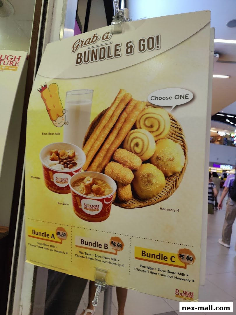 A promotional poster for Dough Culture's bundle deals featuring pastries, porridge, and soy bean milk.