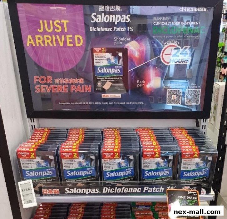 Display of Salonpas Diclofenac Patch 1% for severe pain, with a promotion.