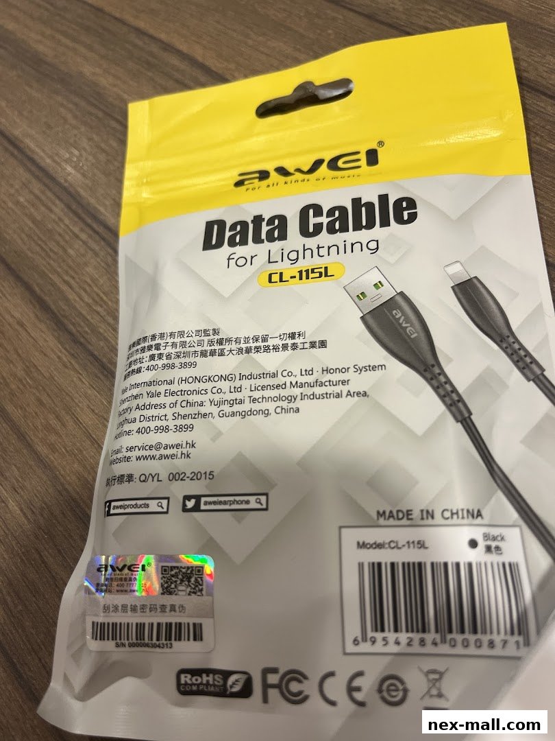 A package of Awei brand data cable for Lightning devices, model CL-115L.