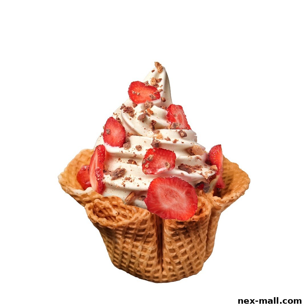 A delicious soft-serve ice cream cone topped with fresh strawberries and chocolate crumbles.