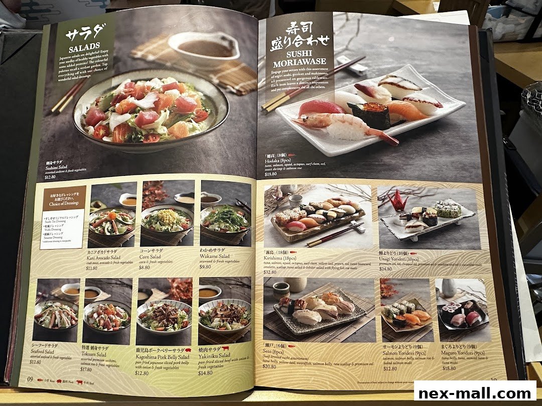 A menu from Sushi Tei featuring salads and sushi assortments with detailed descriptions and prices.