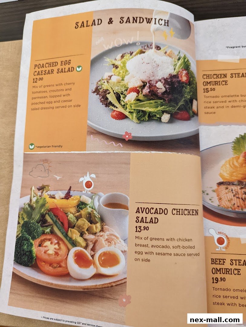 A menu featuring salads and omurice dishes with appealing food photography.