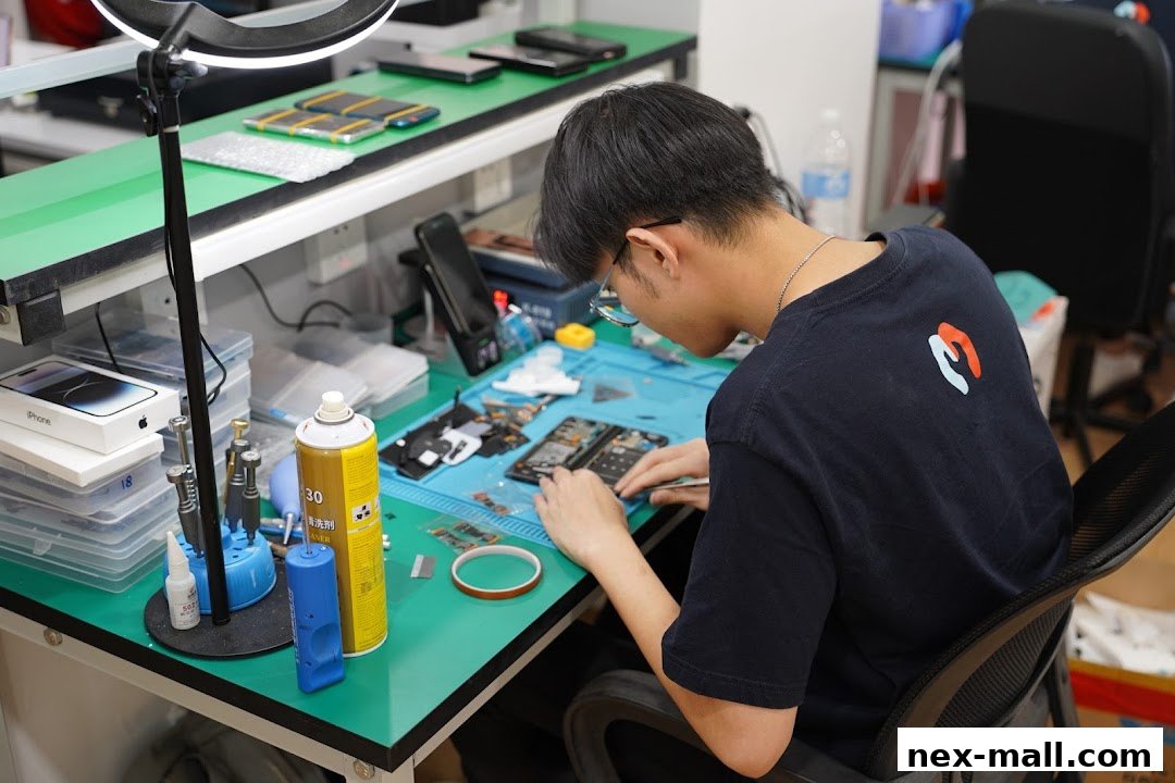 A technician works on repairing a smartphone with various tools and parts laid out.