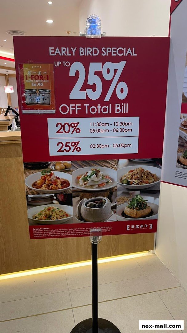 A sign advertising an early bird special with up to 25% off the total bill at Soup Restaurant.