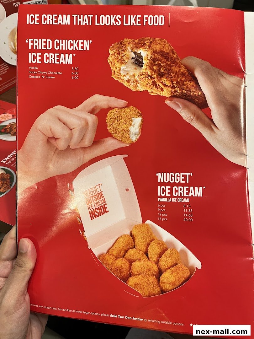 A menu showcasing Swensens' unique ice cream flavors that resemble fried chicken.