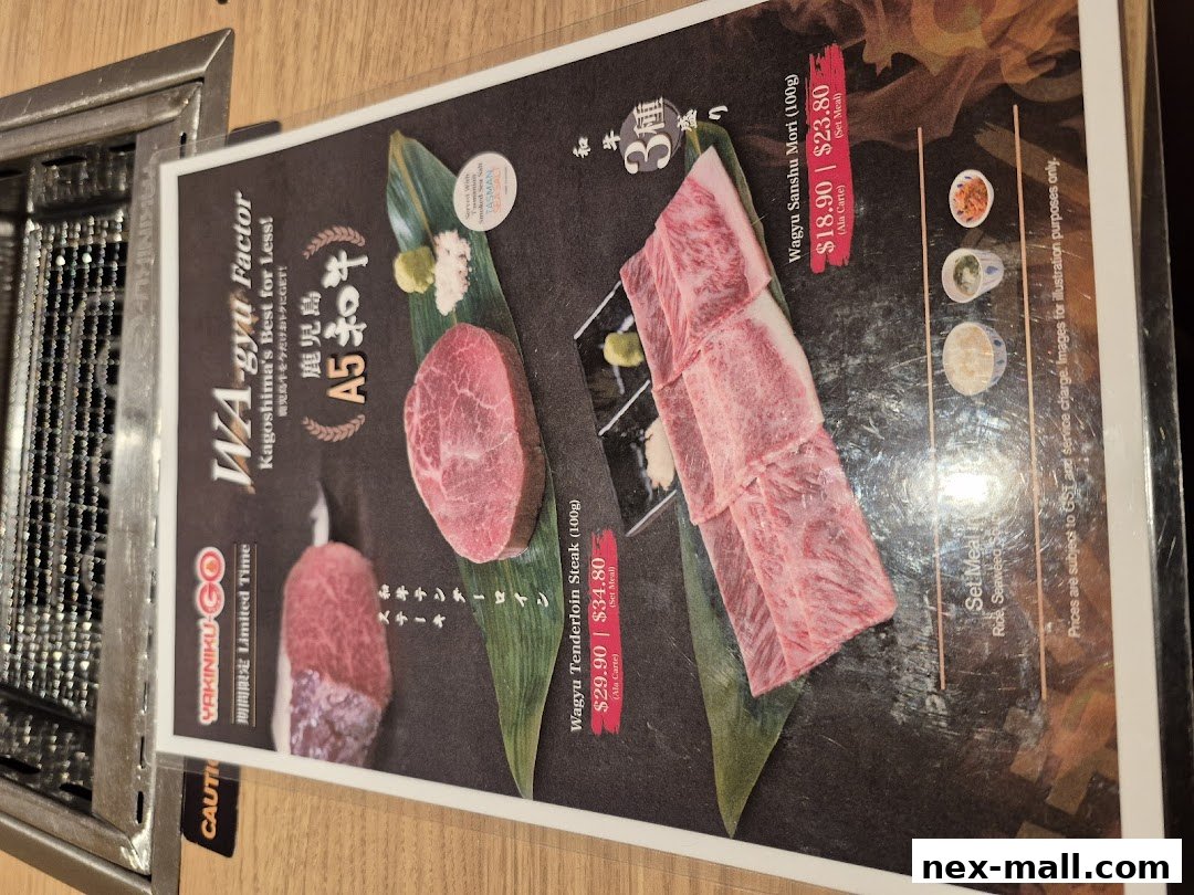 A menu featuring premium Wagyu beef cuts, including tenderloin and a three-kind assortment.