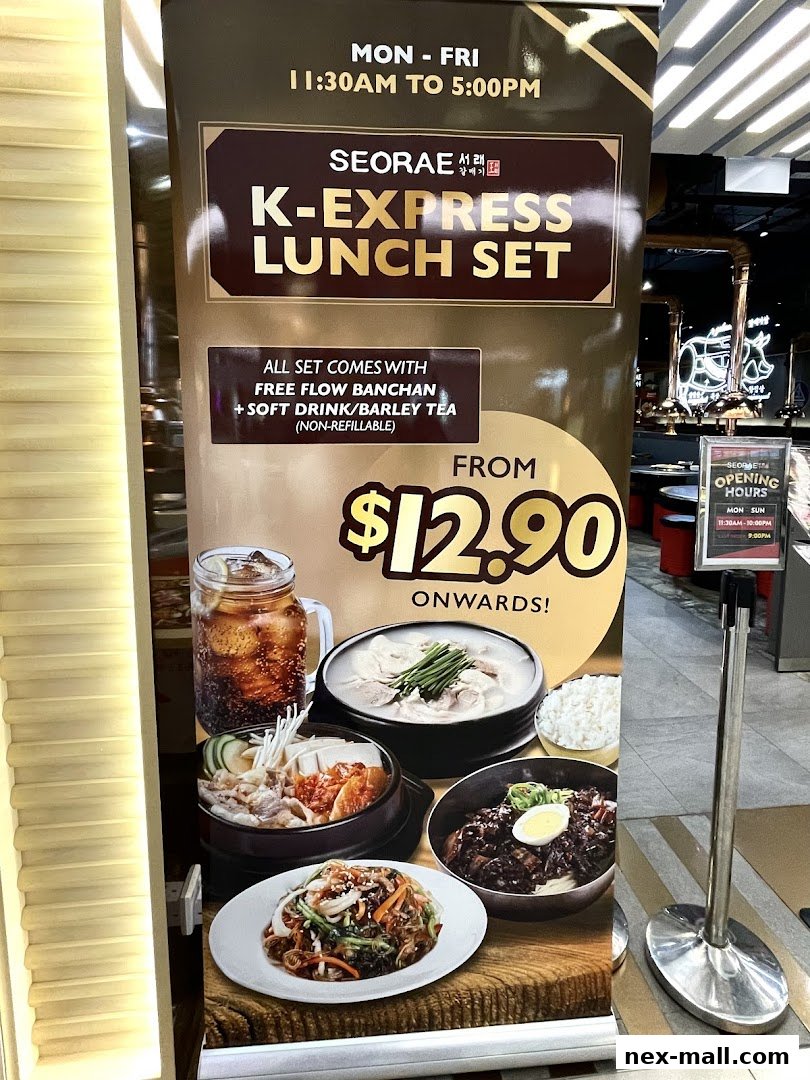 A promotional banner for SEORAE K-EXPRESS LUNCH SET, featuring Korean dishes and pricing.