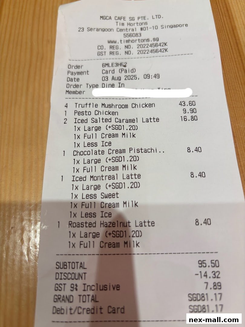A receipt from Tim Hortons showing a list of food and beverage items purchased.