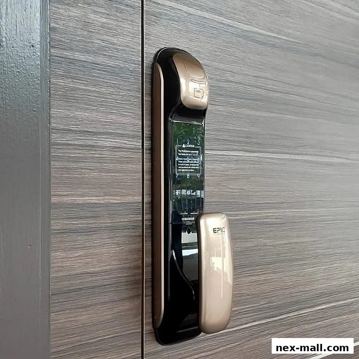 A close-up of a sleek, modern digital door lock with a gold and black finish.