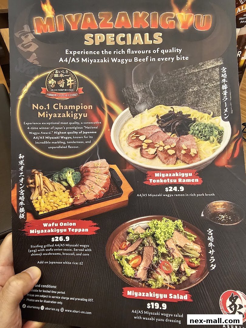 A menu showcasing Miyazaki Wagyu beef specials, including ramen, teppan, and salad.