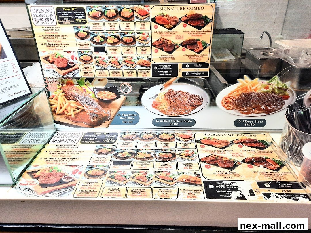 A display of food items and combos with prices at Food Junction.