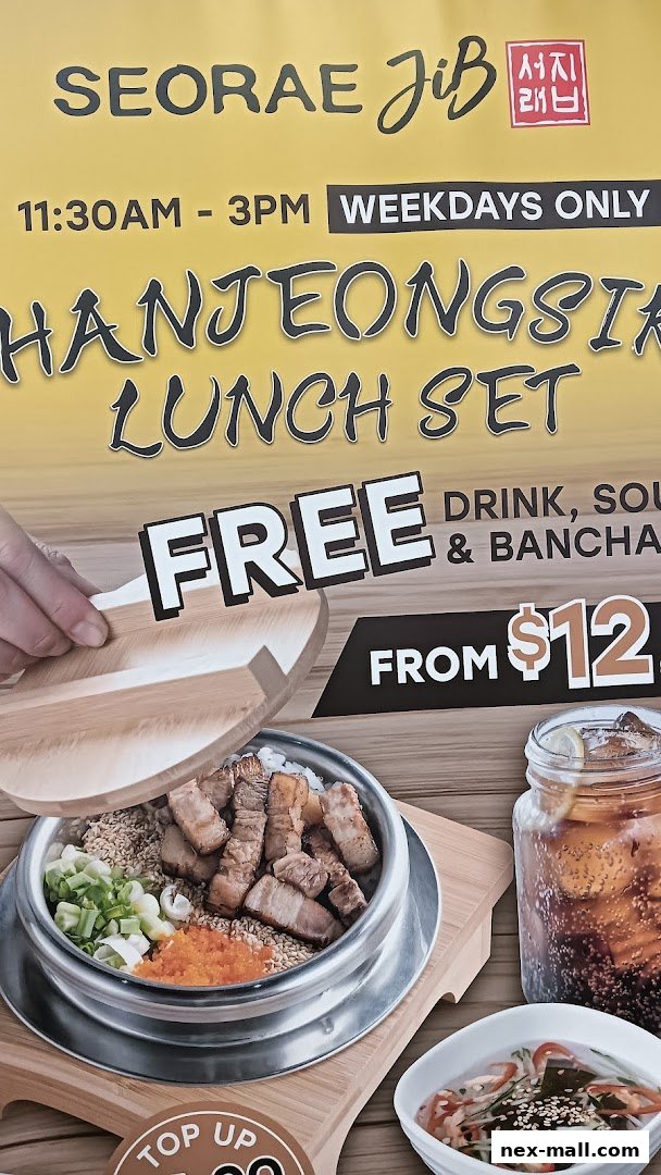 A promotional image for SEORAE JIB NEX featuring a lunch set with free drink, soup, and banchan.