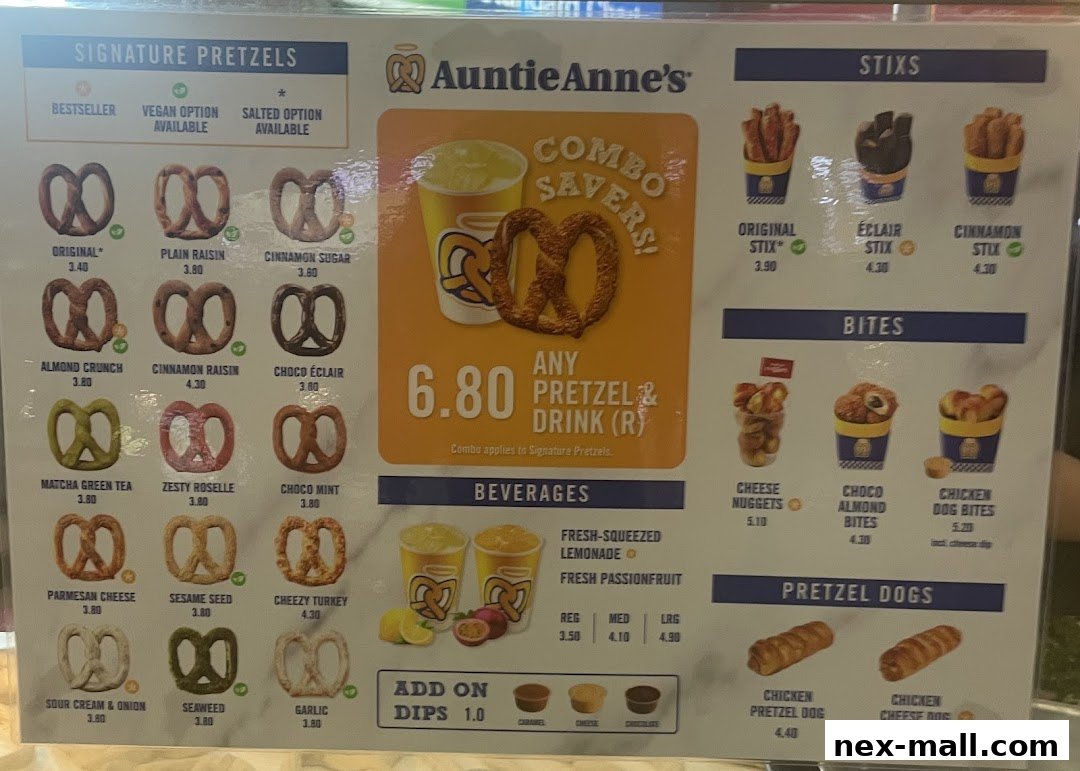 Auntie Anne's pretzel menu featuring signature pretzels, stix, bites, pretzel dogs, and beverages.