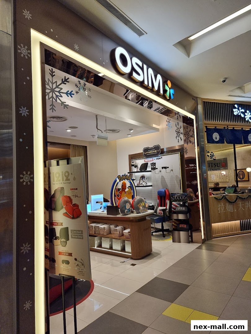 The OSIM Nex shop front displays massage chairs, wellness products, and festive snowflake decorations.