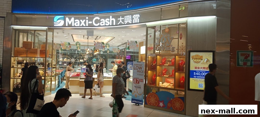 The Maxi-Cash store front displays jewelry and bags, with a festive 'Joy of Giving' theme and a promotional draw.