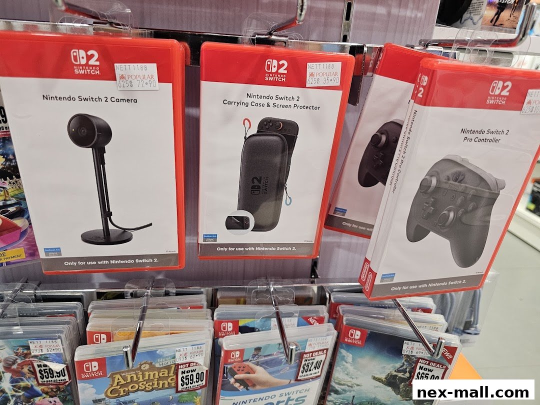 A display of Nintendo Switch accessories and games, including controllers, cameras, and game cases.
